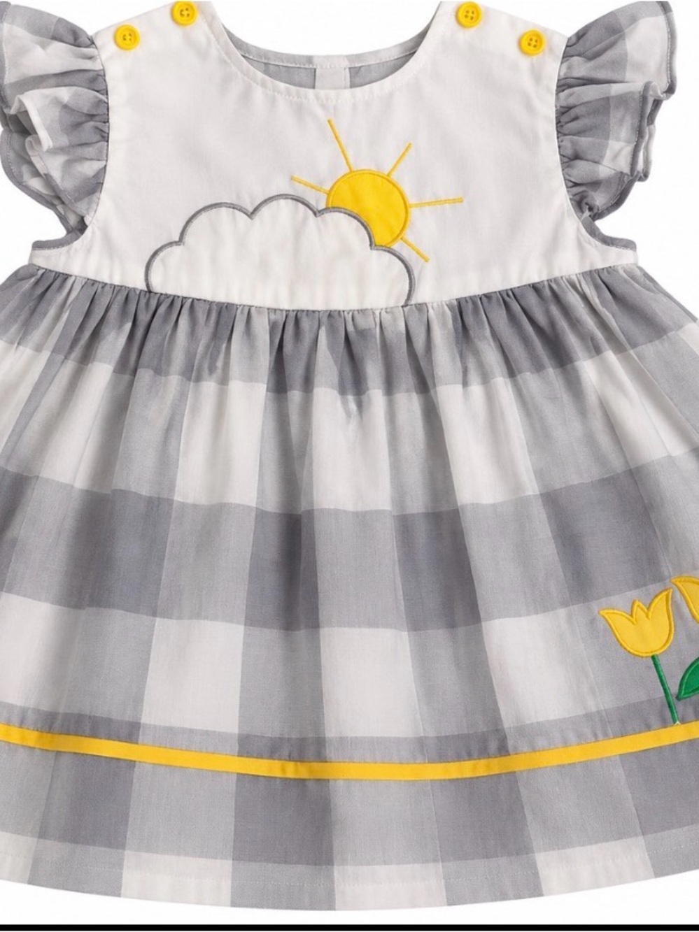Source Unknown Grey Gingham Dress with Yellow Sun & Tulip Accents